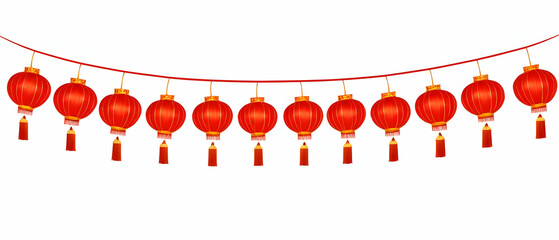 Traditional red lanterns. String of Chinese red lanterns isolated on white background, Chinese new year celebration banner border.