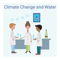Climate change and water. Scientists at the party. Celebrating a breakthrough in the discovery of water filtration. Vector banner square.