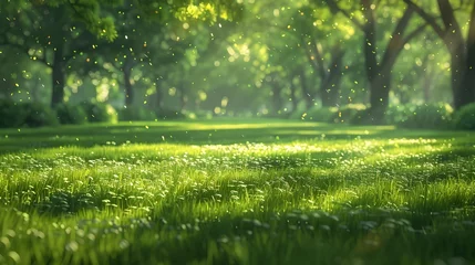 Vitrage gordijnen Groen Sunlit Green Meadow with Fireflies: A Serene Spring Day Concept Art