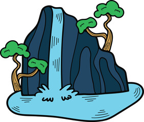 Hand Drawn island and waterfall in flat style