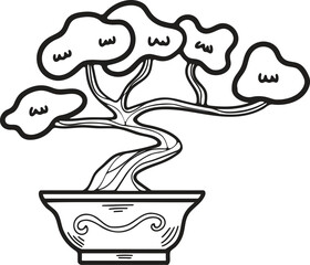 Hand Drawn Japanese and Chinese style bonsai trees in flat style