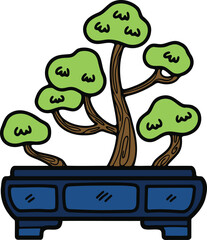 Hand Drawn Japanese and Chinese style bonsai trees in flat style