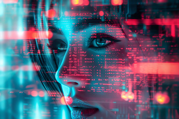 Conceptual image of a woman's face overlaid with glowing binary code, representing artificial intelligence and data analysis..