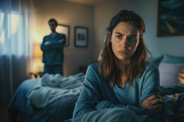 Scared woman sitting on bed with arms crossed, man standing behind her and trying to talk in the bedroom at home. Row between young couple after fight about love and definitely - obrazy, fototapety, plakaty