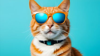 Portrait of adorable funny cat wearing sunglasses isolated on light cyan. Copyspace. - obrazy, fototapety, plakaty