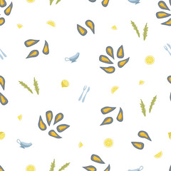 Fototapeta na wymiar Seamless pattern of mussels, lemon and sauce. Vector illustration seafood background, open mussel shells.