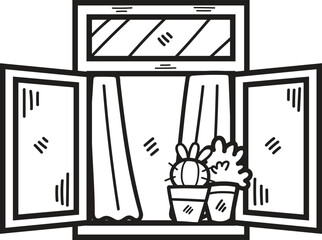 Hand Drawn Window and cactus in flat style