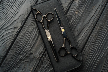 Hairdressing scissors on black wooden background close up