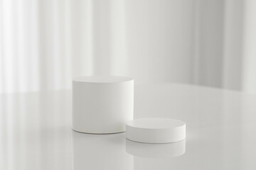 Set of white cylinder pedestal podium on white table background
