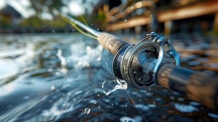 Serene Lake Morning: A Close-Up of Fishing Rod in Action with Splashing Water and Wooden Bridge