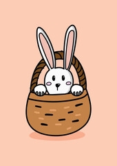 Bunny in wicker basket doodle hand drawn