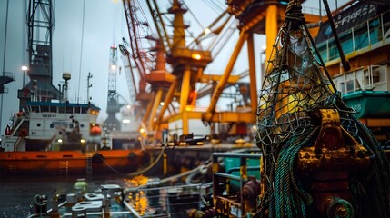 Fototapeta na wymiar Industrial Fishing Port at Dawn: A Bustling Harbor of Nets, Machinery, and Ships Loading Cargo for Global Trade
