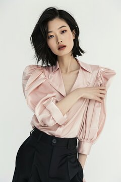 Portrait of a pretty young woman super model of Chinese ethnicity wearing a chic and modern pink blouse with billowy sleeves, paired with tailored black trousers and strappy heels