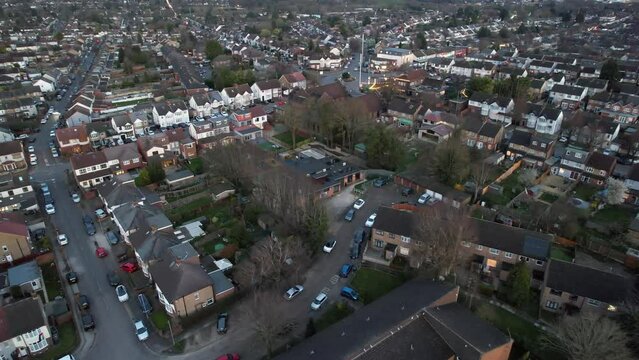 Aerial View of Residential Estate During Sunset. Luton, England UK. March 18th, 2024