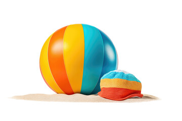 Beach Ball and Hat on the Sand. On a White or Clear Surface PNG Transparent Background.