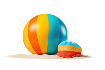 Beach Ball and Hat on the Sand. On a White or Clear Surface PNG Transparent Background.