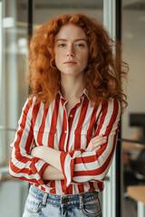 portrait of ginger curly hair woman in red and white striped shirt standing with arms crossed at office