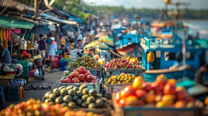 Vibrant Fruit Market of Phu Quoc Island in Vietnam: A Bustling Coastal Village with Exotic Produce and Wooden Fishing Boats - obrazy, fototapety, plakaty