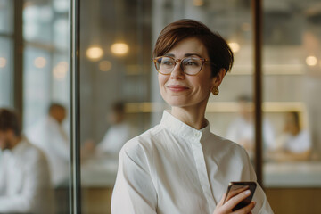 A photo of an attractive senior business woman with short hair, wearing glasses and a white shirt in the office 