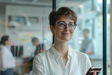 A photo of an attractive senior business woman with short hair.