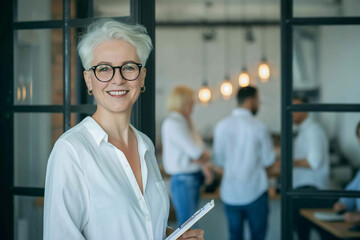 elegant senior businesswoman with short silver hair and glasses, smiling. 