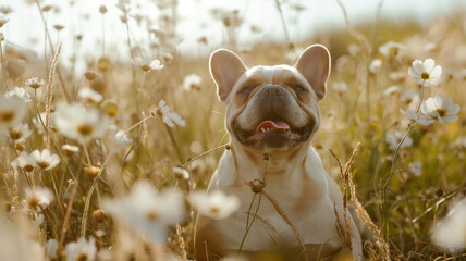 A French Bulldog in the flower field, happy face.