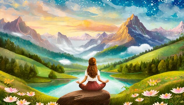 Frau meditiert in einer wunderschönen Landschaft