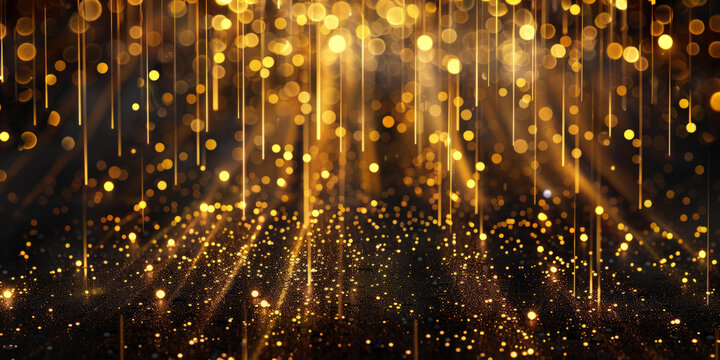 Abstract gold glitter rain on dark background, golden particles and lights . gold bokeh background, Happy New Year Celebration Sparkles Banner, space for text.banner 