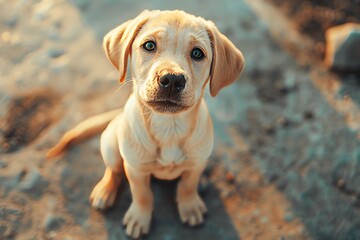 A young yellow Labrador Retriever puppy stands attentively on an earthen surface, gazing upward with a look of curiosity in its expressive brown eyes. 
