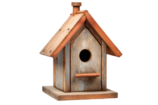 A Wooden Birdhouse With a Brown Roof. On a White or Clear Surface PNG Transparent Background.