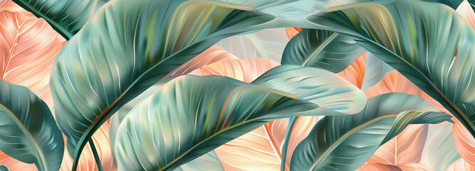 abstract tropical leaf texture, nature background, creative beige green layout, panoramic flat lay