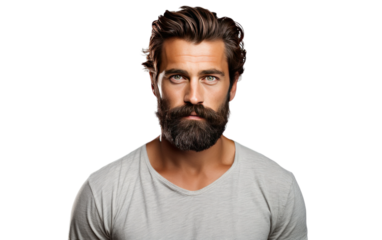 A Man With a Beard and Grey Shirt. On a White or Clear Surface PNG Transparent Background.