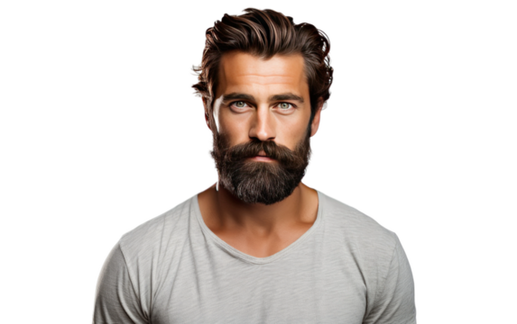 A Man With a Beard and Grey Shirt. On a White or Clear Surface PNG Transparent Background. - Powered by Adobe