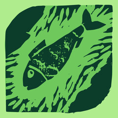 Abstract fish hand drawn illustration, water living emblem. Vector fishery drawing. Linoleum print texture. Aquatic wildlife logo design. Hydrous symbol design. Engraved fishing icon. - 762067705