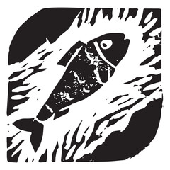 Abstract fish hand drawn illustration, water living emblem. Vector fishery drawing. Linoleum print texture. Aquatic wildlife logo design. Hydrous symbol design. Engraved fishing icon. - 762067766