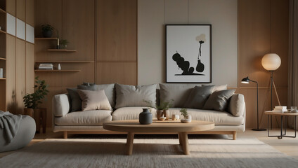 Modernes Japandi-Wohnzimmer mit stilvoller Beleuchtung und Holzmobiliar in ruhiger Atmosphäre - obrazy, fototapety, plakaty