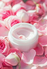 Fototapeta na wymiar Open Jar of Luxurious Rose-Scented Cream Surrounded by Fresh Pink Petals