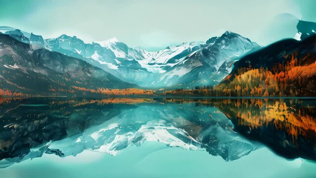 Beautiful mountain lake with reflection in the water. Digital painting.