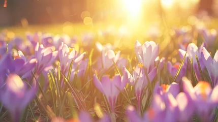 Fotobehang Purple Crocus Flowers Blooming in a Sunny Spring Field at Dawn © Olena Rudo