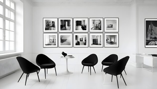 A white room with a gallery wall showcasing black and white photography. The chairs have a minimalist design, allowing the art to take center stage.