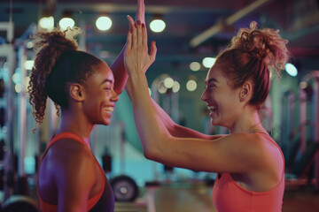 Two women doing a high five in the gym, a woman with blonde hair and sportswear smiling while making push up poses at the fitness center - obrazy, fototapety, plakaty