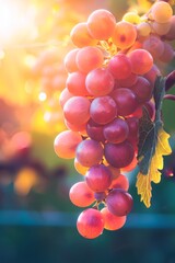 Sunlit Bunch of Ripe White Grapes Dangling From a Vine at Sunset