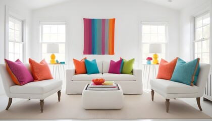 A white room with a pop of color. The chairs have colorful throw pillows, adding a playful element to the otherwise neutral space.