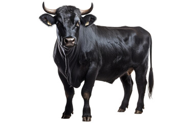 Black Cow With Horns Standing in Front of White Background. On a White or Clear Surface PNG Transparent Background.