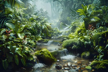 A fictional landscape of the Amazon rainforest with lush tropical vegetation, a flowing creek, and overgrown rocks covered in moss.