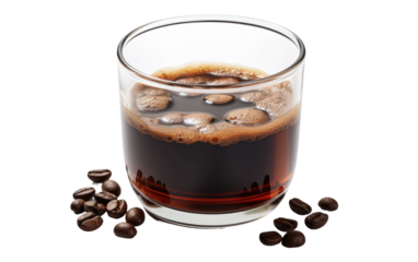 Refreshing Glass of Iced Coffee With Coffee Beans. On a White or Clear Surface PNG Transparent Background.