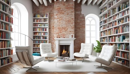 A white room with high ceilings and exposed brick walls. Two oversized white chairs are placed in front of a large bookshelf, creating a cozy reading nook.