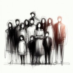 Group of abstract diverse people, Friends or coworkers together in Charcoal drawing with Generative AI.