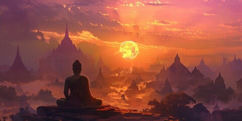 Serene Buddha at Sunset with Full Moon - obrazy, fototapety, plakaty