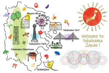 横浜の観光地のかわいいイラストマップと縁起物